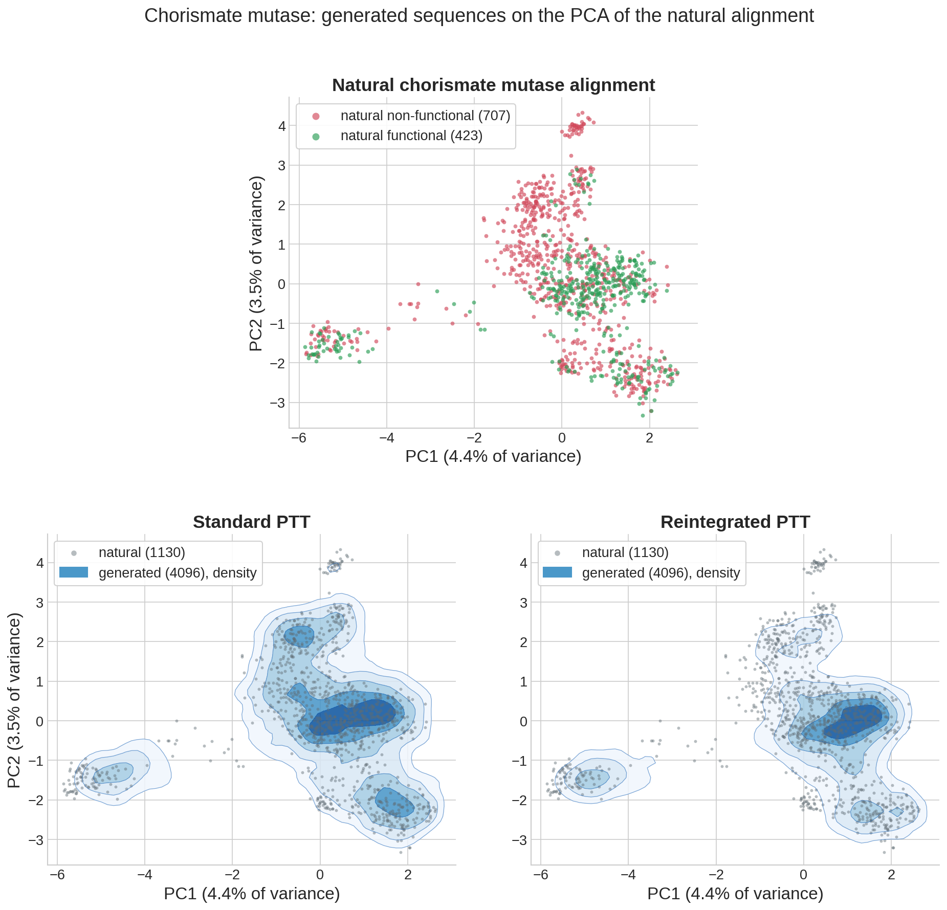 Chorismate mutase: generated sequences on the PCA of the natural alignment